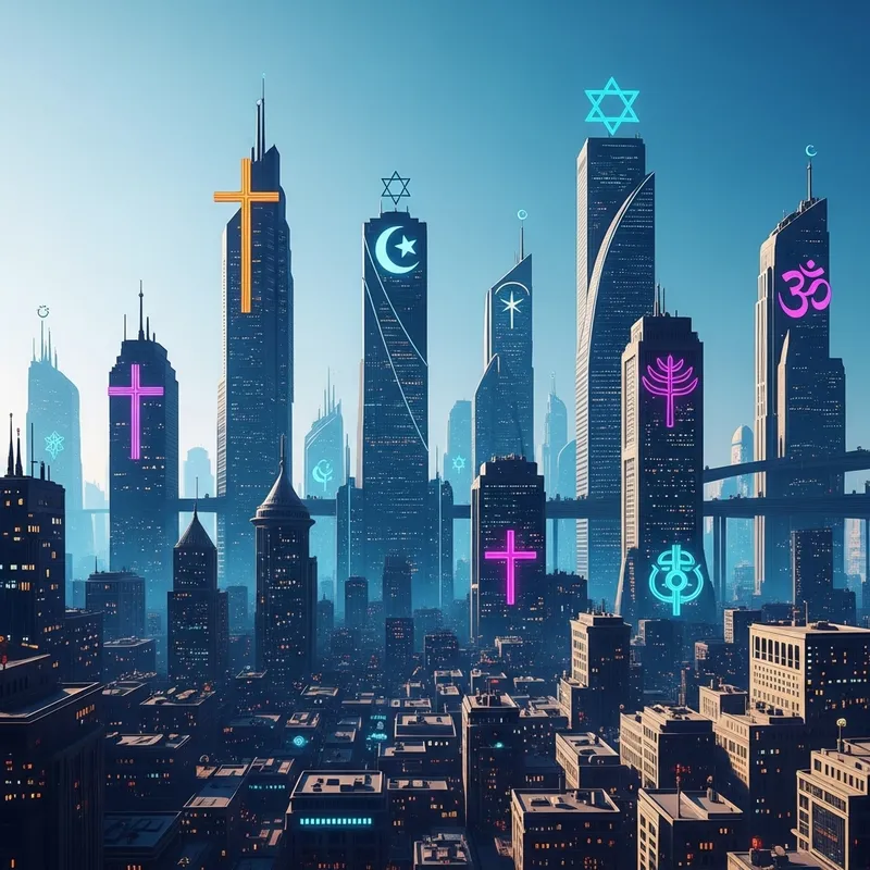Futuristic City with Diverse Religious Symbols