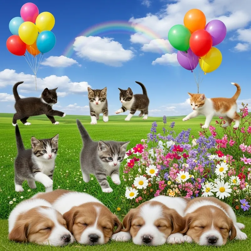 Cute Kittens & Puppies with Balloons & Flowers - Adorable Image