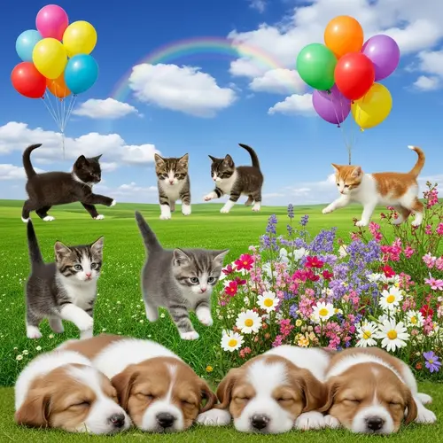 Adorable Kittens, Puppies, Balloons & Flowers - Delightful Image
