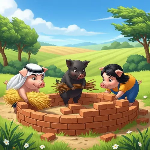 Multicultural Three Little Pigs Building Homes in Sunny Countryside