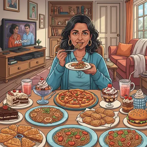 South Asian Person Enjoying Variety of Foods in Cozy Living Room