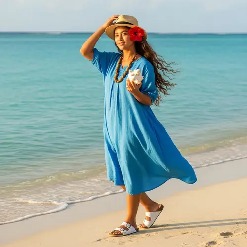 Modern Moana on Sandy Beach with Seashell and Hibiscus Flower
