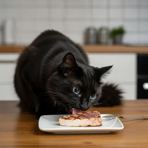 Black Scottish Longhair Cat Eating Grilled Tuna on Wooden Table