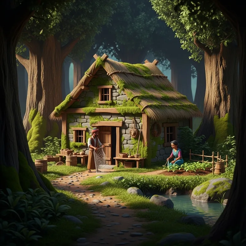 3D Animation of a Fisherman and Her Wife in a Forest