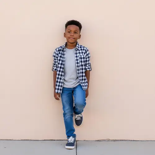 Charming Young Black Boy Leaning Against Wall