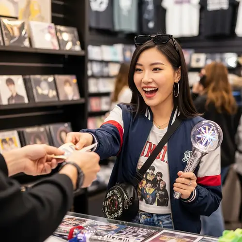 Fashionable Asian College Student Excitedly Buys Kpop Lightstick