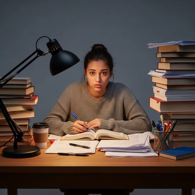Determined Hispanic Female Student Juggling Books and Assignments