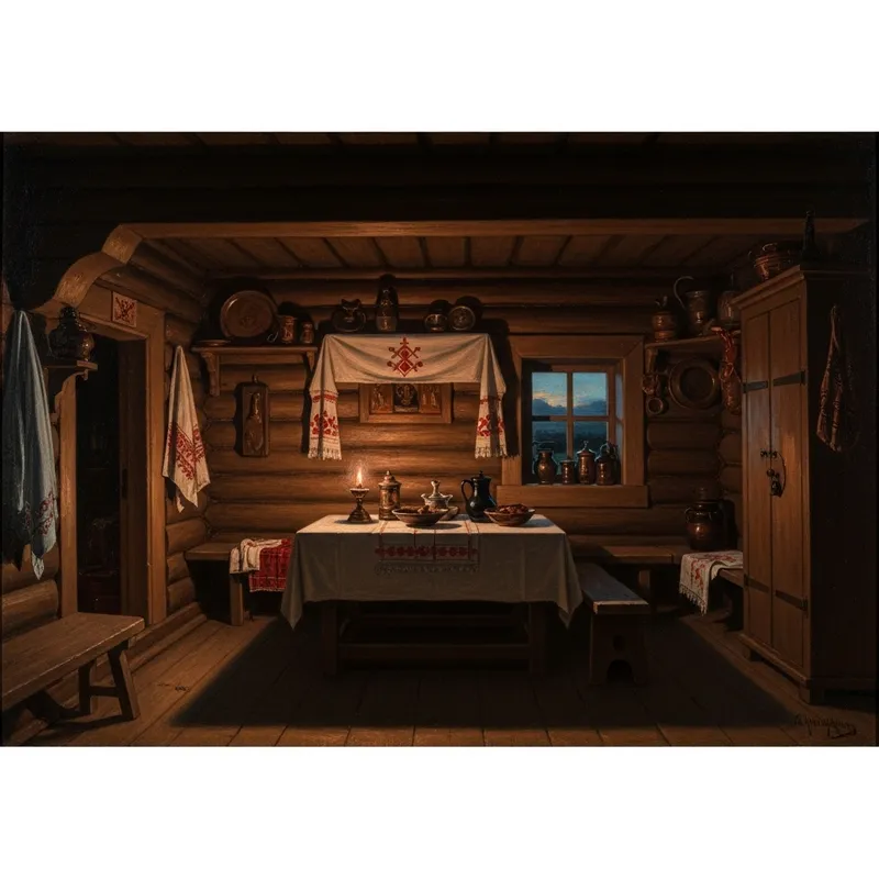 Russian Old Woman in Izba Cottage Evening Lamp
