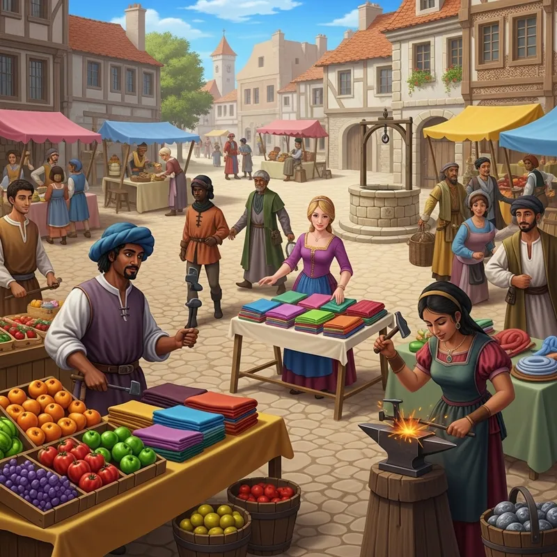 Medieval Town Square Scene with Diverse Characters