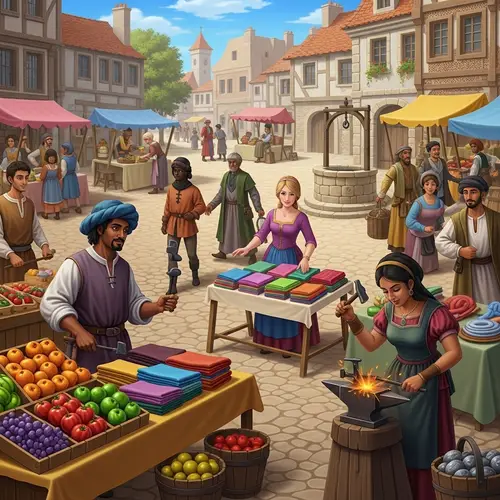 European Middle Ages Town Square Scene with Diverse Characters