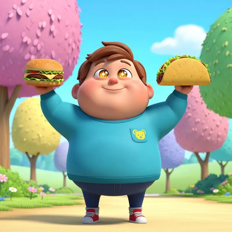 Cheerful Obese Disney Kid Enjoying Burger and Taco Cheerful Obese Disney Kid Enjoying Burger and Taco