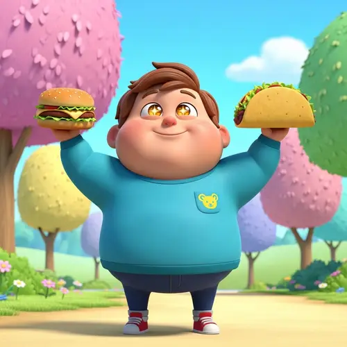Joyful Obese Disney Kid with Burger and Taco | Colorful Cartoonish Scene