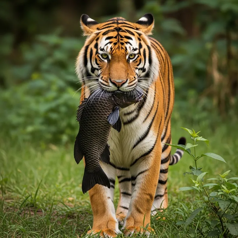Majestic Tiger with Lively Black Fish in Jungle