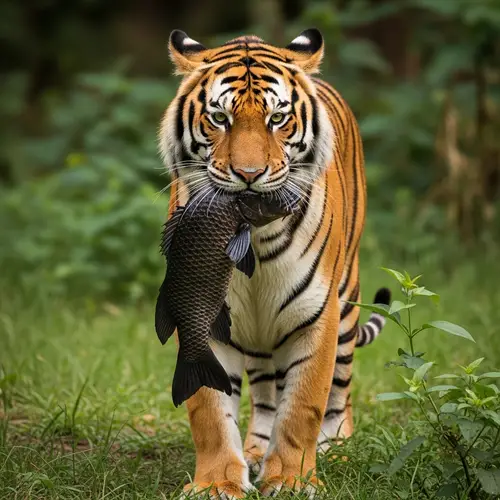Majestic Tiger Holding Black Fish | Wildlife Jungle Scene