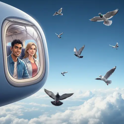 Airplane Journey with Birds: Hispanic Male and Caucasian Female