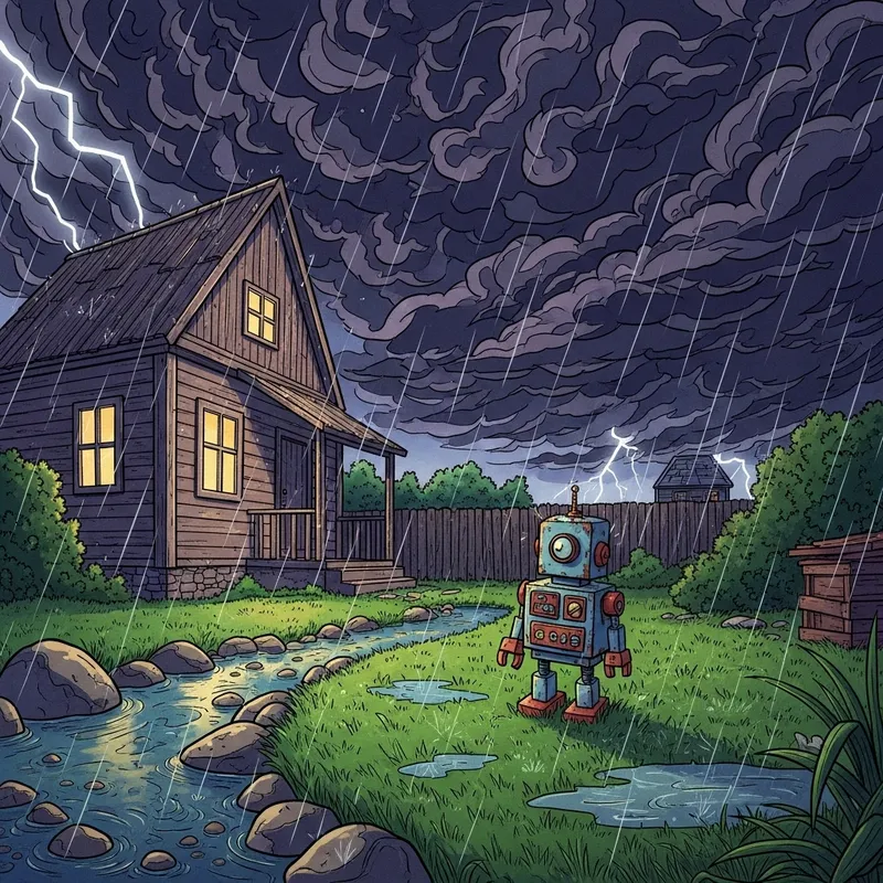 Comic Style Wooden House and Toy Robot by the Stream in a Storm Comic Style Wooden House and Toy Robot by the Stream in a Storm