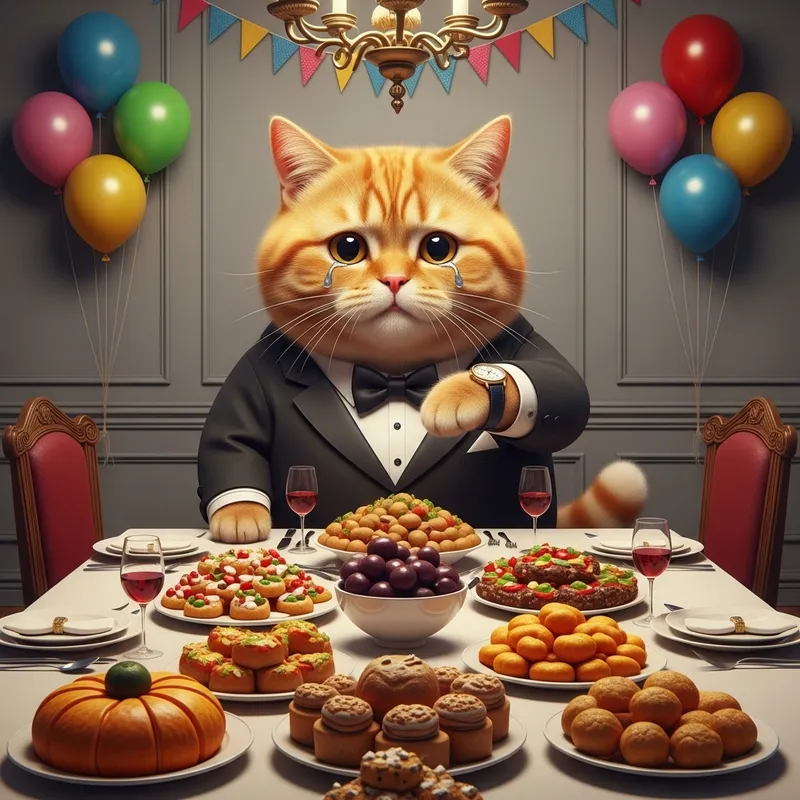 Chubby Ginger British Cat in Tuxedo Sitting Alone at Festive Table