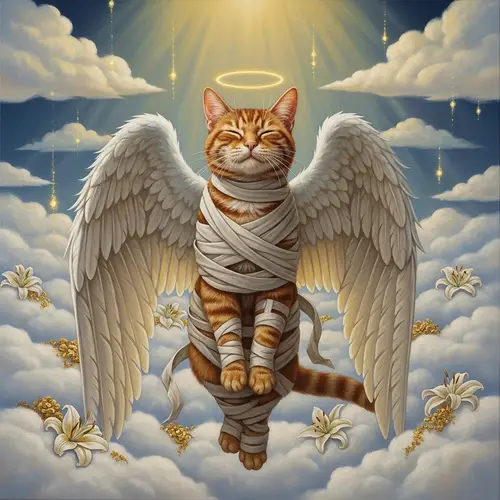 Realistic Red Cat with Angel Wings Painting Canonized in Clouds