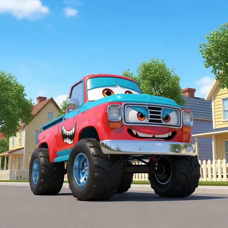 Disney Monster Truck: Playful Cartoon Pickup in Classic Small Town
