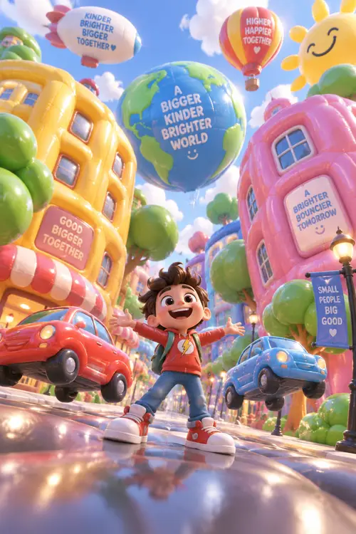 Cheerful Cartoon Hero in a Balloon World