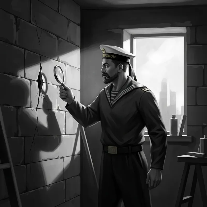 Vintage Russian Sailor Builder Inspecting Wall: Intricate Details and Chiaroscuro Lighting