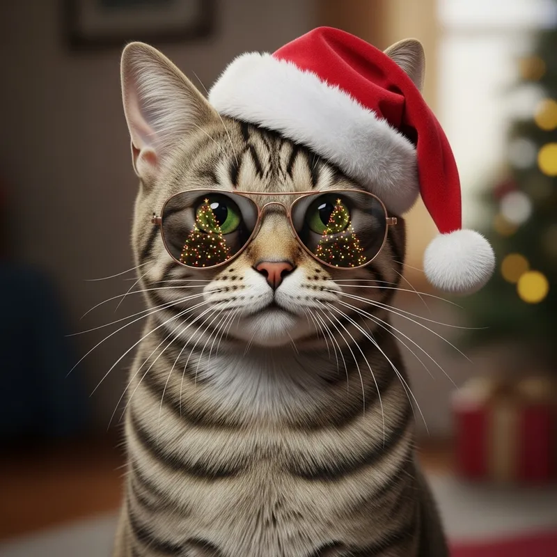 Realistic Cat with Sunglasses and Festive Christmas Hat Realistic Cat with Sunglasses and Festive Christmas Hat