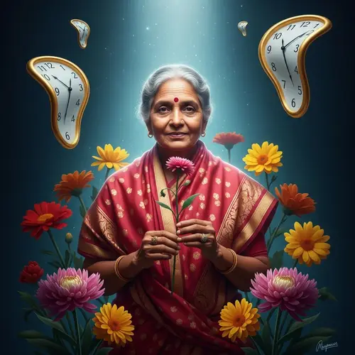 Symbolic Menopause Representation: Surrealistic Portrait of South Asian Woman with Wilting Flower