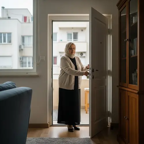 Elegant Middle-Eastern Elderly Woman Leaving Tidy City Apartment