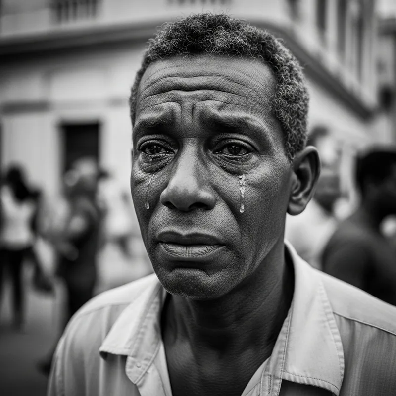 Raw Emotion: Cuban Man's Tearful Grit in Black and White
