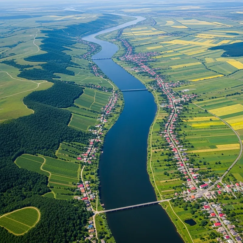 Dniester River seen from above: Ukraine on right, Moldova on left