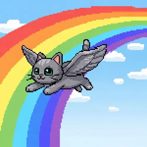 Pixelated Grey Cat Flying with Rainbow