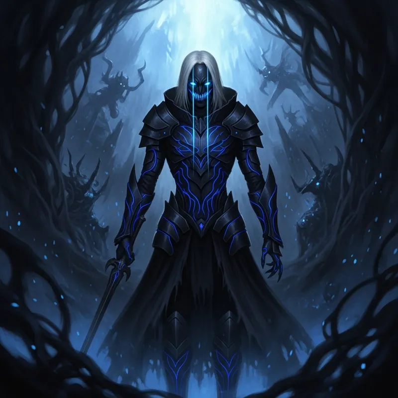 Mysterious Figure in Black Armor and Veil of Darkness