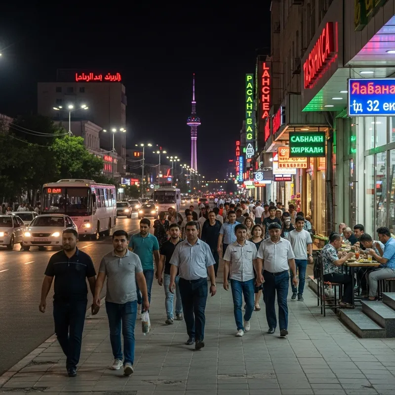 Night Life in Tashkent: Busy Street, Neon Signs, and Diverse People