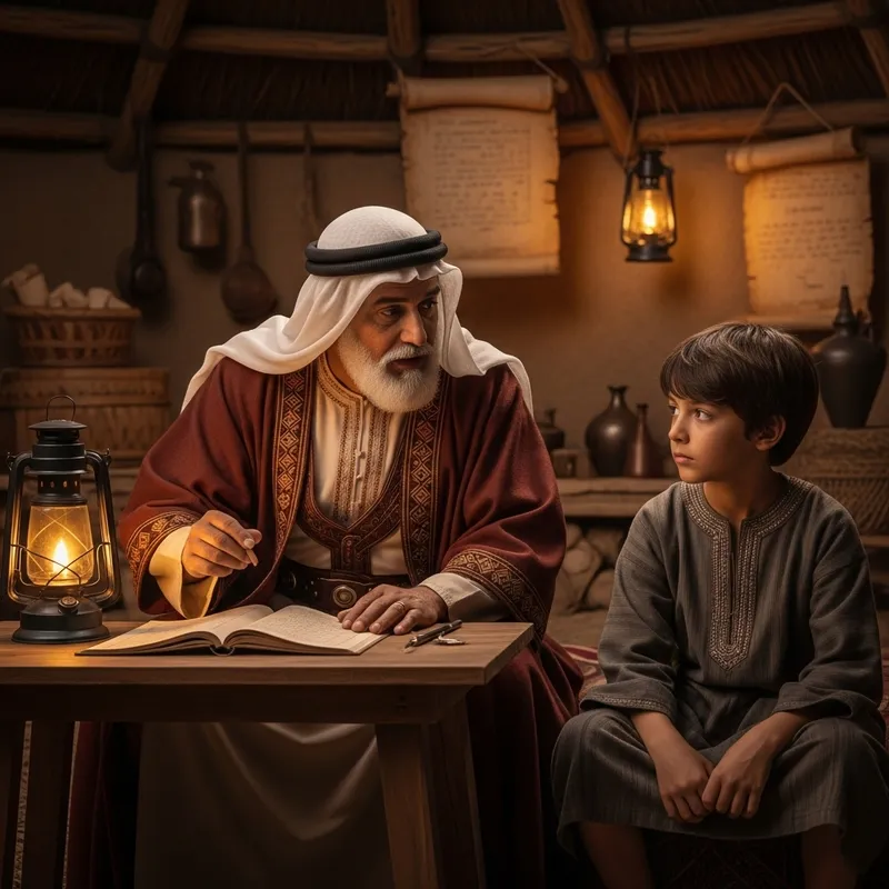 Elderly Mentor in Hut Teaching Young Boy in Pre-Islamic Era