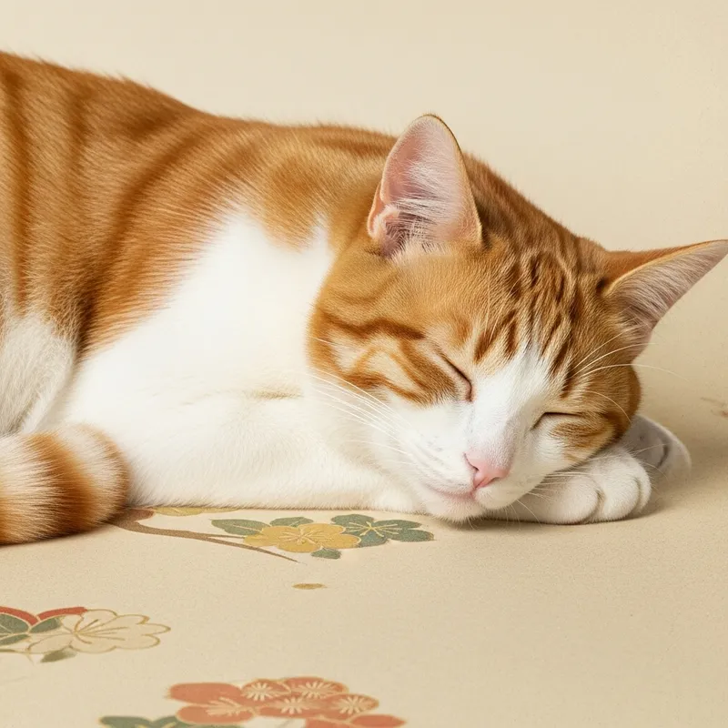 Japanese Vintage Drawing of Orange & White Cat Sleeping Tranquilly