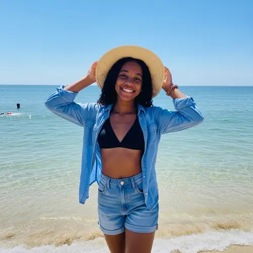 Vibrant Summer Beach Scene with Black Teenage Girl | Beachwear Fashion