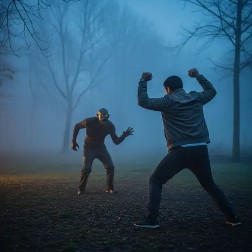 Hispanic Individual Scares Menacing Creature in Misty Forest