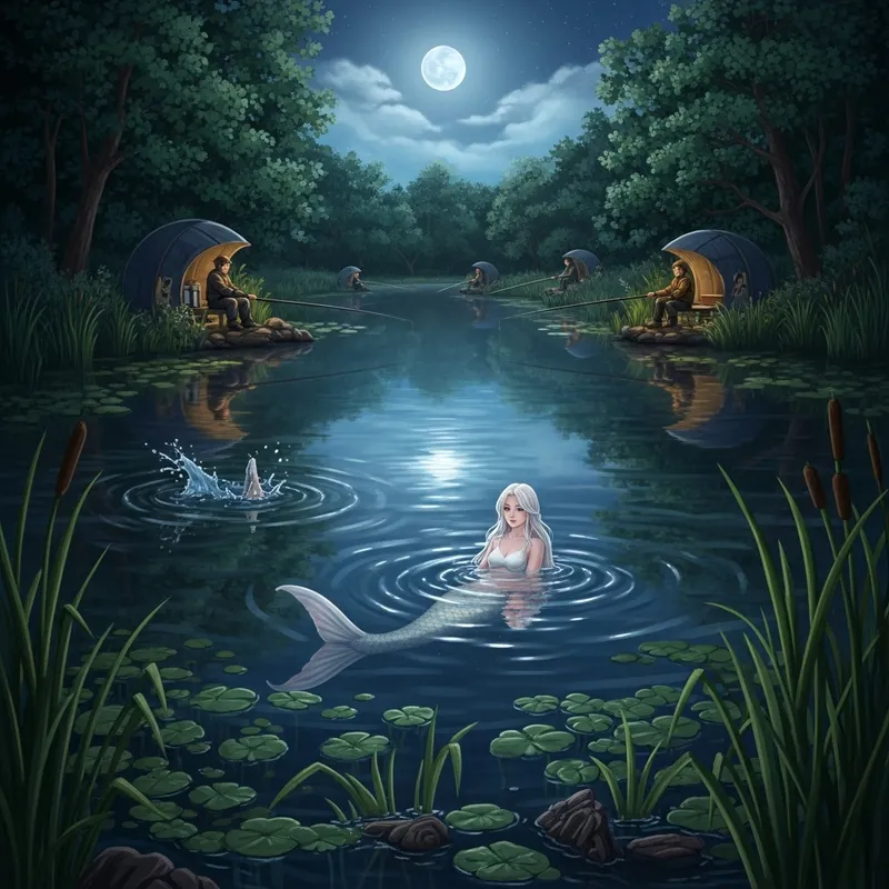 Moonlit Lake Serenity with White Mermaid