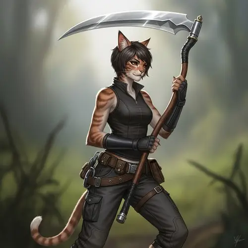 Feline-Themed Female Character with Cat-Like Paws and Scythe
