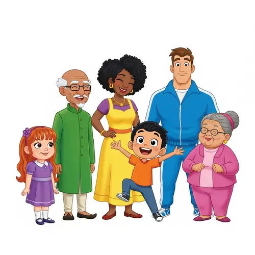 Diverse Cartoon Characters Laughing Together in Vibrant Scene