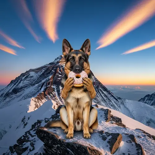 Dog with Hands Eating Donut on Mount Everest