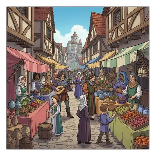 Medieval Marketplace Animation: Historical Scene Illustration