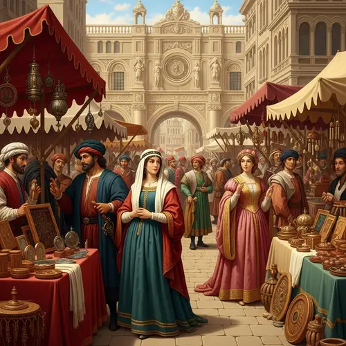 Classic Renaissance Scene: Bustling Marketplace & Ornate Architecture