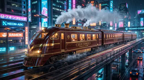Sleek High-Speed Train in Futuristic Cyberpunk City