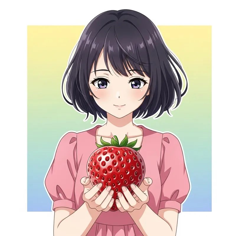 Anime Girl in Pink Dress with Strawberry