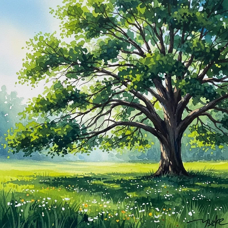 Tranquil Tree Watercolor Drawing with Verdant Meadow Scene