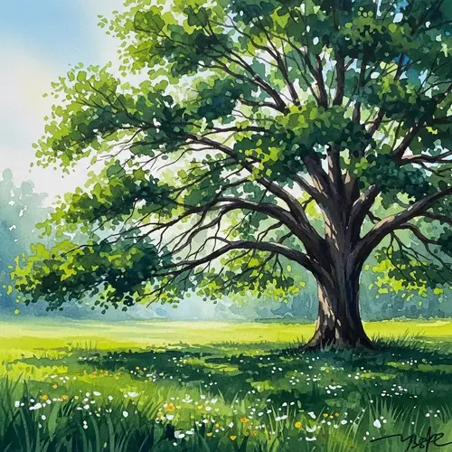 Tranquil Tree Watercolor Drawing in Verdant Meadow