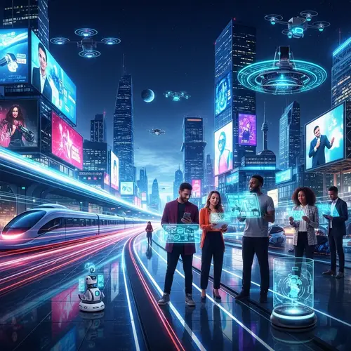 Futuristic Tech-Themed World: Vibrant City Skyline & Innovative Gadgets