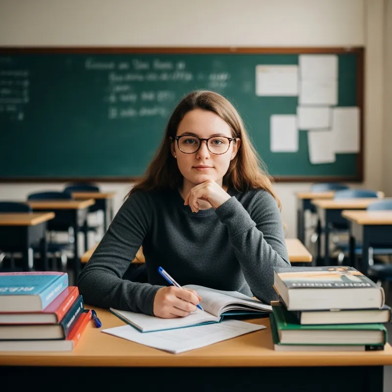 Intense Focus: Young Woman Studying in College Classroom