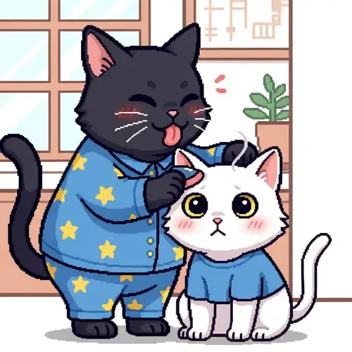Cute 8-Bit Cats: Grooming Moments in Pajamas